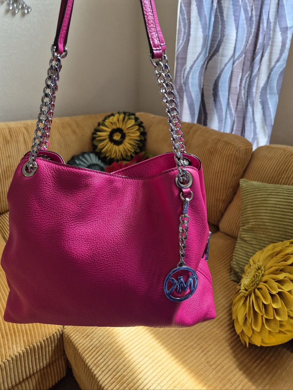 Michael Kors Hot Pink Pebbled Leather Shoulder Bag with Silver Chain-Link Straps
